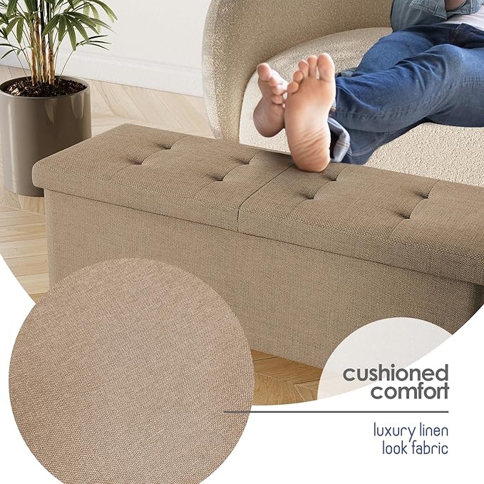 Storage Ottoman Bench with Bins, 43-in Storage Bench for Bedroom End of Bed, Folding Foot Rest Ottoman for Living Room Max 660lbs, Fabric Ottomans, Taupe