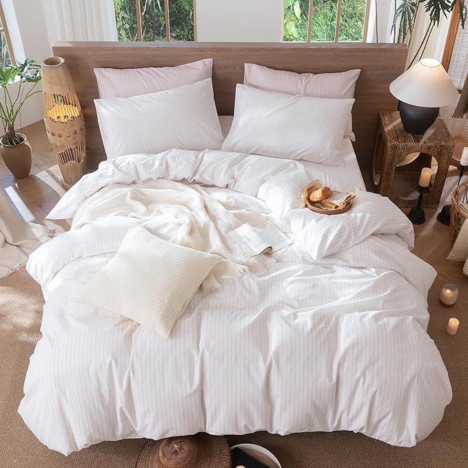 MooMee Striped Duvet Cover Set 100% Washed Cotton Linen Like Textured Breathable Durable Soft Comfy (White Heathered Greyish Pink Wide Stripes, Palatial King/Oversized King 120"x98")