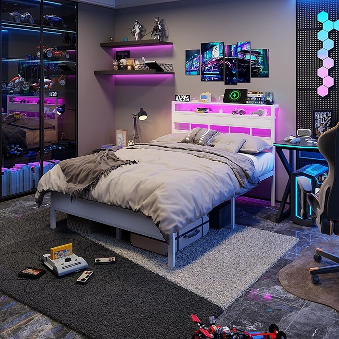 Furnulem Full Size Bed Frame with LED Light and Charging Station, Wood Storage Headboard with 2-Tier Shelves, Metal Platform Bed with Heavy Duty Slats Support, No Box Spring Needed, White