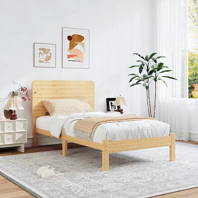 BOSRII 12in High Solid Bamboo Wood Platform Twin XL Bed Frame with Headboard, Reinforced Heavy Duty Metal Slats, Noise Free, No Box Spring Needed, Easy Assembly