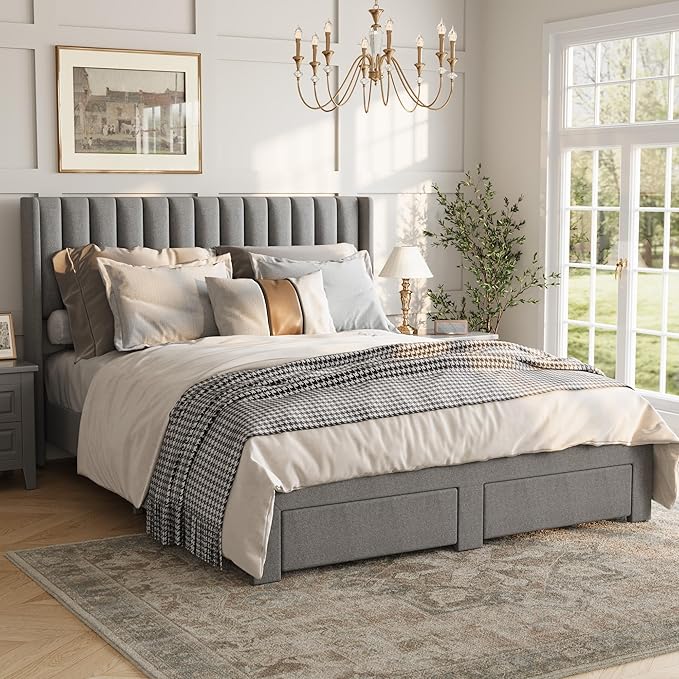 Garvee Full Size Bed Frame, Velvet Upholstered Bed Frame with Wingback Headboard, 2 Storage Drawers, No Box Spring Needed, Grey