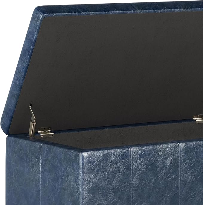SIMPLIHOME Dover Storage Ottoman Bench - 36 inch Wide Upholstered Vegan Leather Rectangular Lift-Top Ottoman in Denim Blue, Contemporary Bench for Living Room with Safety Hinges