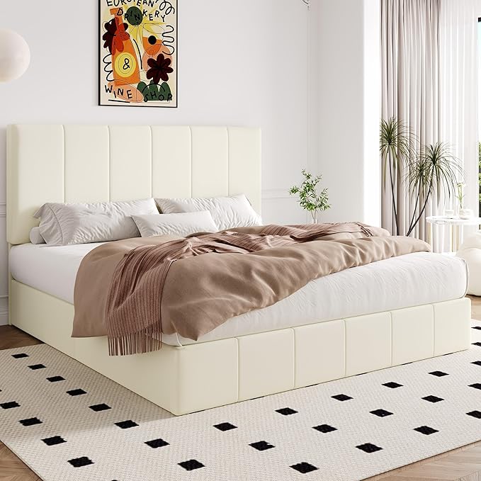Allewie King Size Velvet Lift Up Storage Bed Frame, Vertical Channel Tufted Headboard, Hydrualic Underneath Storage, Upholstered Platform Bed, Wooden Slats Support, No Box Spring Needed, Cream