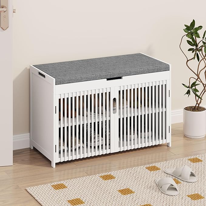 WISUCART Shoe Storage Bench with Cushion Seat, Bamboo Entryway Shoe Rack Bench, 2-Tier Shoe Organizer for Entryway, Bedroom, Hallway, Living Room, Holds Up to 330 lbs, White
