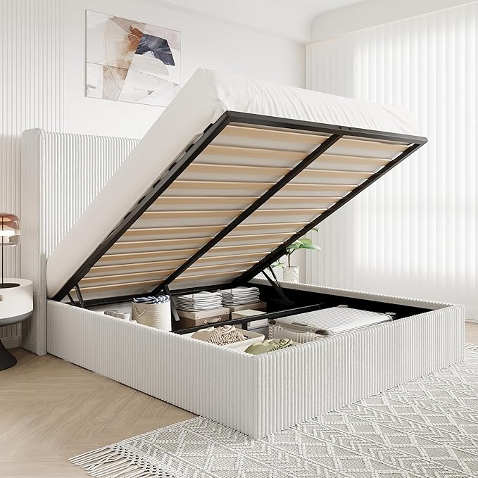 Allewie King Lift-Up Storage Bed Frame with Modern Wingback Headboard, Corduroy Upholstered Platform Bed, Hydraulic Gas Lift Support, Underbed Storage, Wooden Slats, No Box Spring Needed, White