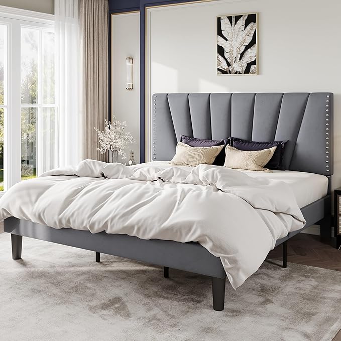 SHA CERLIN King Size Bed Frame with Adjustable Upholstered Velvet Rivets Headboard, Sturdy Wooden Slats, Strong Platform Support for Mattress, No Box Spring Needed, Easy Assembly, Grey