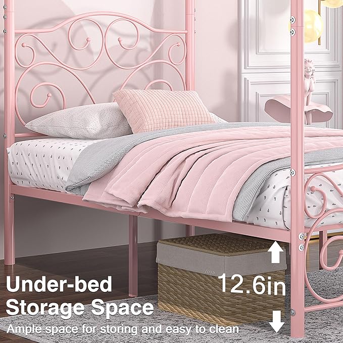 VECELO Metal Canopy Bed Frame Twin Size, 4 Posters Platform Mattress Foundation with Headboard, Heavy Duty Steel Slats Support, No Box Spring Needed, Pink