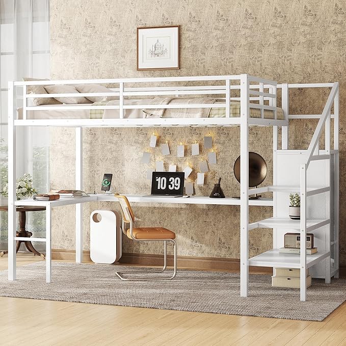 Full Size Loft Bed with Desk and Wardrobe, Metal Heavy Duty Loft Bed with Storage Stairs, LED Lights, USB Port, LoftBed Frames for Kids, Junior, Space Saving, Noise Free (White, Full)
