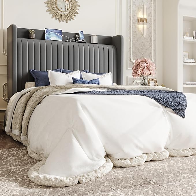 SHA CERLIN Queen Size Velvet Bed Frame with USB Charging Station, Wingback Storage Headboard, Upholstered Platform Bed with Wooden Slats Support, No Box Spring Needed, Easy Assembly, Grey