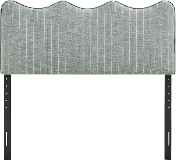Monday Athena Striped Fabric Upholstered Full Size Adjustable Headboard in Spa Blue Stripe - with Scalloped Wave Design and Soft Linen-Like Fabric