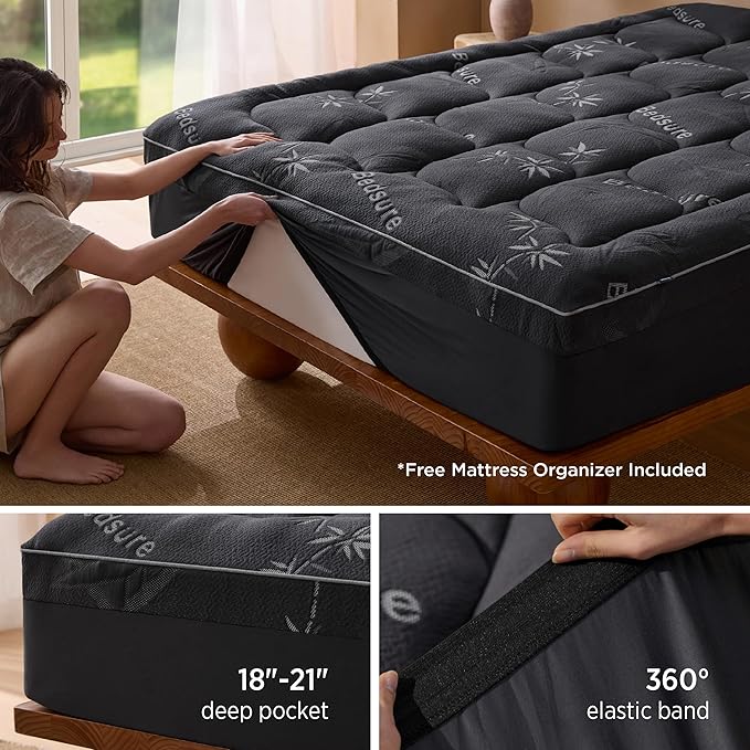 Bedsure Twin Mattress Topper - Viscose Made from Bamboo Ultra Soft Thick Fluffy Pillow Top Mattress Pad with 21 Inch Deep Pocket, Breathable, Moisture Wicking, Black, 39x75 Inch