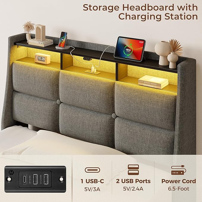 Rolanstar Twin Size Bed Frame with RGB LED Lights & Charging Station, Upholstered Storage Headboard with 4 Drawers, Heavy Duty Metal Frame, No Box Spring Needed, Easy Assembly, Light Grey