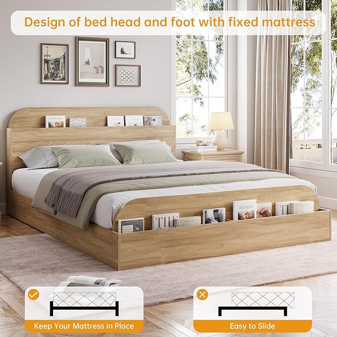 Garvee Queen Size Bed Frame with Storage Headboard and Raised Footboard – Wooden Queen-Floor Low Platform Bed for Bedroom, Heavy Duty & Noise Free, No Box Spring Needed, Natural