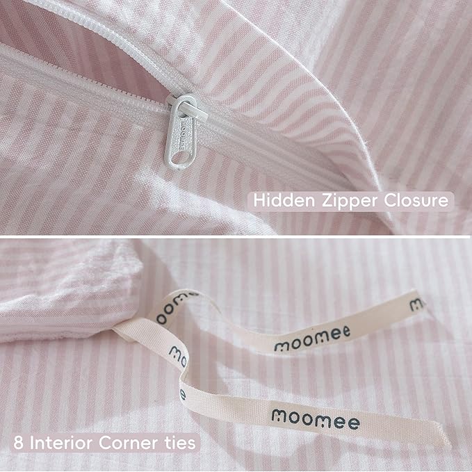 MooMee Striped Duvet Cover Set 100% Washed Cotton Linen Like Textured Breathable Durable Soft Comfy (Heathered Greyish Pink Pinstripes, Cal King 104"x98")
