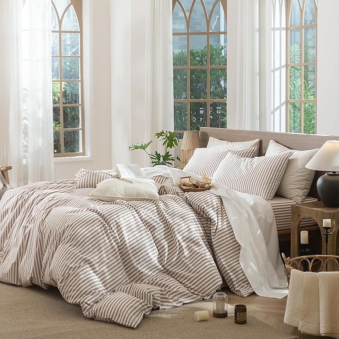 MooMee Striped Duvet Cover Set 100% Washed Cotton Linen Like Textured Breathable Durable Soft Comfy (Orange Classic Stripes, Queen 90"x90")