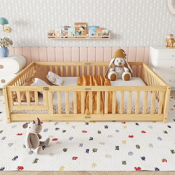 Bellemave Full Size Floor Bed with Slats and Safety Guardrail, Full Size Montessori Floor Bed with Fence and Door, Easy Assemble Montessori Beds for Kids, Girls, Boys, Natural