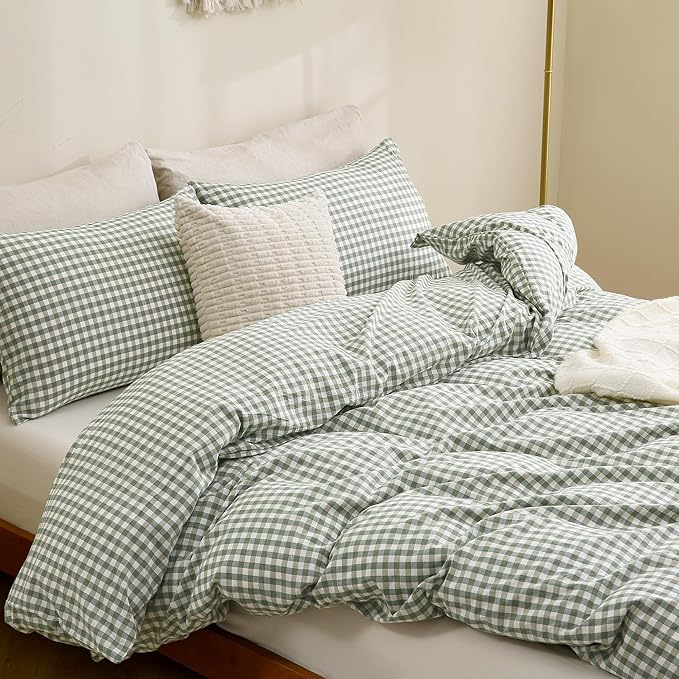 TOCOMOA Green Gingham Duvet Cover Bedding Set 100% Washed Cotton Like Linen Feel Super Soft Comfy 3 Piece Vintage Plaid Checkered Comforter Cover Set (Oversized King 120"x98", Comforter Not Included)