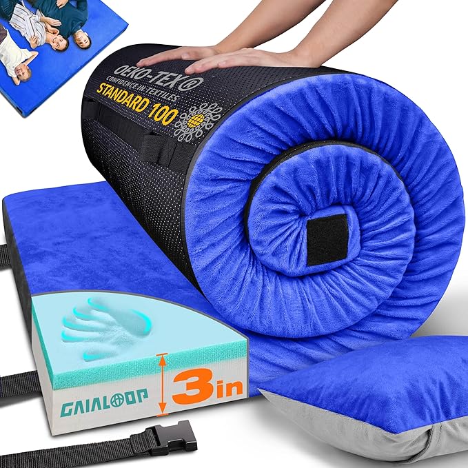 GAIALOOP 3 Inch Memory Foam Camping Mattress, Dual Layer Thick Sleeping Camp Pad for Car Tent Cot, Roll-Up Portable Glamping Floor Bed for Guests Sleepover