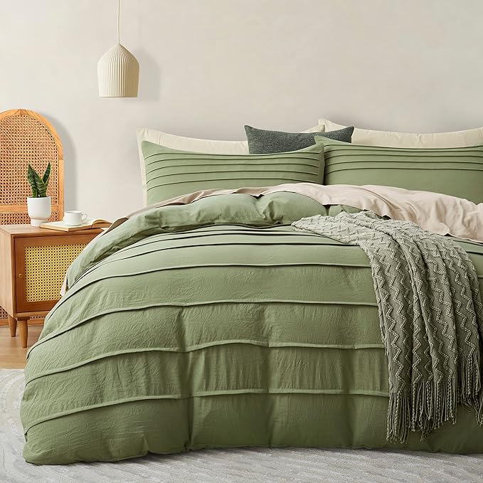 Oli Anderson Sage Green Duvet Cover Twin Size - Pleated Twin Duvet Cover, 2PCS Soft and Breathable Textured Bedding Set with Zipper Closure(Sage Green,68"x90")