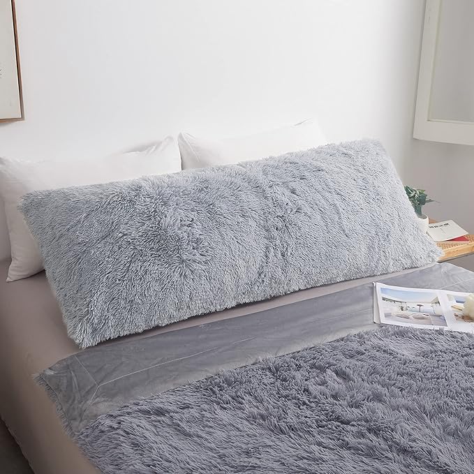 MEGO Shaggy Plush Body Pillow Cover, Faux Fur Fluffy Body Pillowcase, 20x54 Boho Fuzzy Full Body Pillow Case, Furry Long Big Throw Pillow Sham with Zipper for Home Bedding Couch Living Room Light Grey