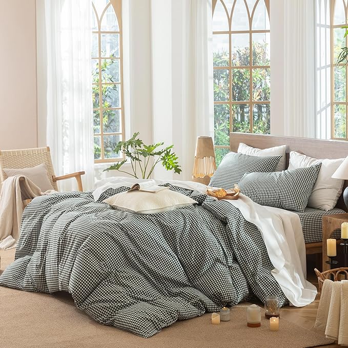MooMee Gingham Duvet Cover Set 100% Washed Cotton Linen Like Textured Breathable Durable Soft Comfy Modern Checkered Design (Mini Gingham Forest Green, Cal King 104"x98")