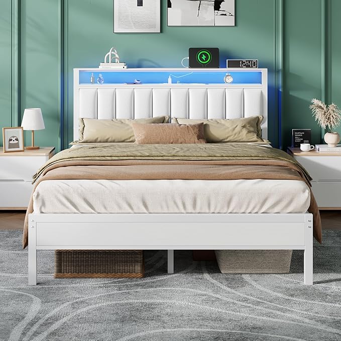 Furnulem White Queen Bed Frame with Charging Station & Led Lights, PU Leather Upholstered Headboard with 2-Tier Storage Shelves, No Box Spring Needed, Metal Slat Support, Easy Assembly