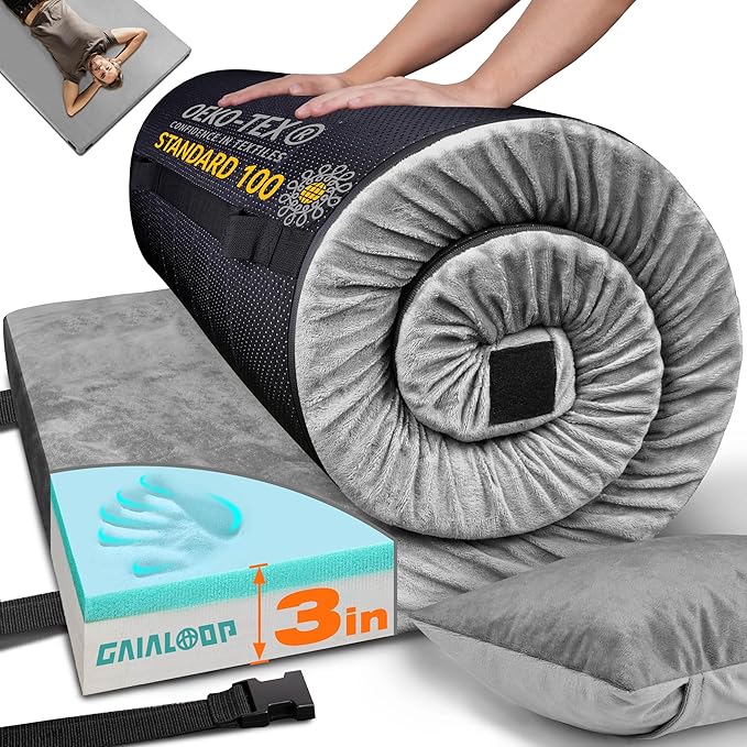 GAIALOOP 3 Inch Memory Foam Camping Mattress, Dual Layer Thick Sleeping Camp Pad for Car Tent Cot, Roll-Up Portable Glamping Floor Bed for Guests Sleepover