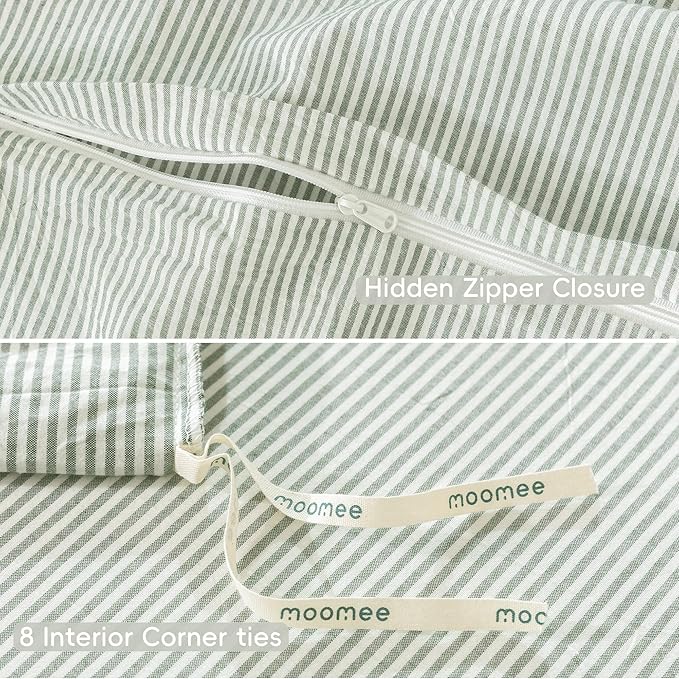 MooMee Striped Duvet Cover Set 100% Washed Cotton Linen Like Textured Breathable Durable Soft Comfy (Sage Green White Pinstripes, Twin 68"x90")