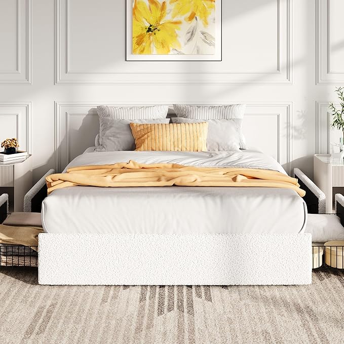 SHA CERLIN Boucle Queen Bed Frame with 4 Spacious Drawers, Platform Bed with Soft Teddy Fabric Upholstery, Sturdy Wooden Slats Support, No Box Spring Needed, Noise Free, Easy Assembly, White