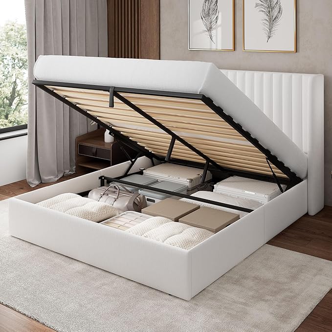 Feonase Full Size Lift Up Storage Bed Frame, Velvet Upholstered Platform Bed Frame with Wingback Headboard, Hydraulic Storage, No Box Spring Needed, White