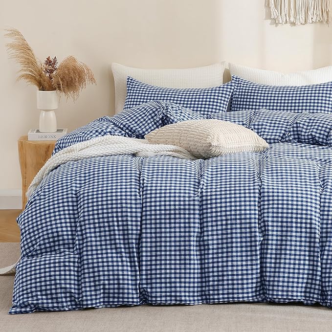 TOCOMOA Navy Blue Gingham Duvet Cover Bedding Set 100% Washed Cotton Like Linen Feel Super Soft Comfy 3 Piece Dark Blue Plaid Checkered Comforter Cover Set (King 104"x90", Comforter Not Included)