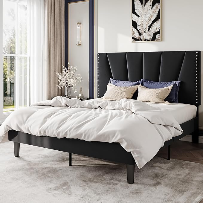 SHA CERLIN Queen Size Bed Frame with Adjustable Upholstered Velvet Rivets Headboard, Sturdy Wooden Slats, Strong Platform Support for Mattress, No Box Spring Needed, Easy Assembly, Black