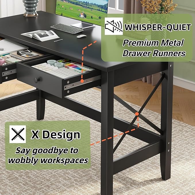 JSB 43.3'' Black Computer Desk for Home Office,Farmhouse Executive Desk with 2 Drawers,Study Writing Table Storage Cabinet,Makeup Vanity Desk for Bedroom (Black, 43.3 inch)
