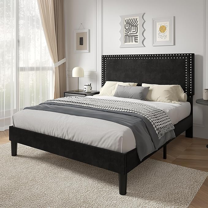 VECELO King Bed Frame with Rivet-Tufted Headboard & Footboard, Upholstered Platform Bed with Wood Slats Support, No Box Spring Needed, Noise-Free, Easy Assembly, Black