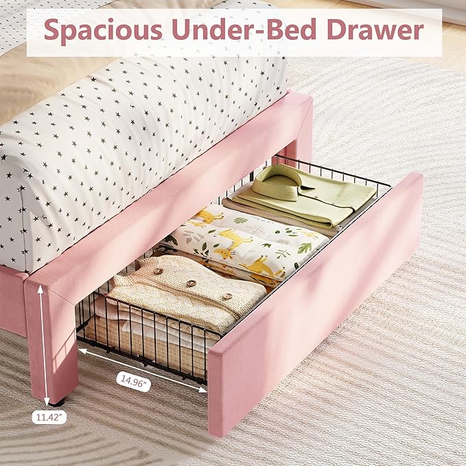 Garvee Twin Bed Frames, Velvet Upholstered Platform Bed with Biscuit Tufted Storage Headboard, Drawer, Sturdy Wood Slats, No Box Spring Needed, Easy Assembly