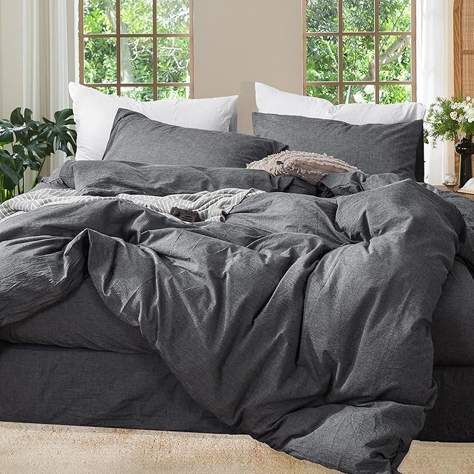 MooMee Bedding Duvet Cover Set 100% Washed Cotton Linen Like Textured Breathable Durable Soft Comfy (Heathered Dark Grey, Palatial King/Oversized King 120"x98")