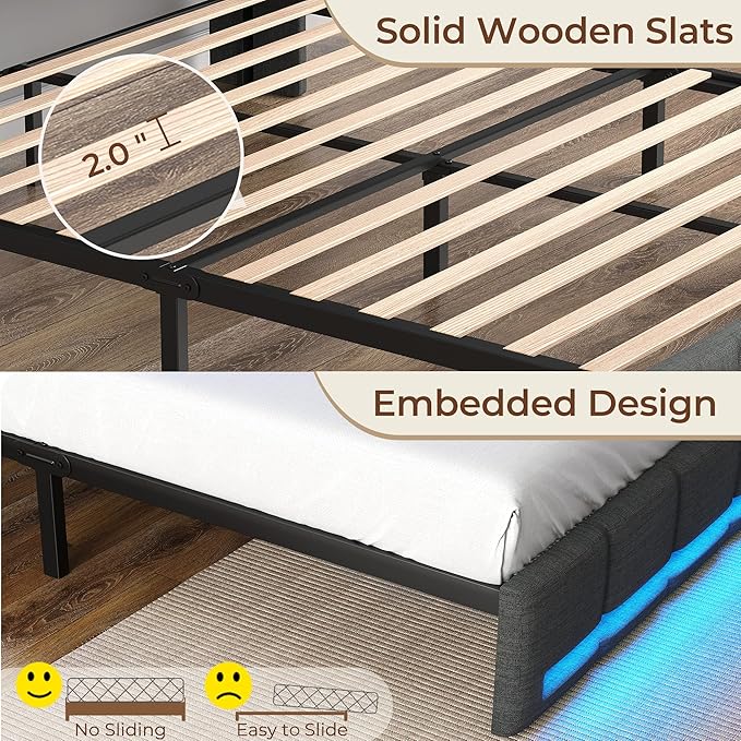 Rolanstar Full Size Bed Frame with LED Lights and Charging Station, Upholstered Headboard with 2-Tier Storage Shelves, Heavy Duty Metal Frame, Noise-Free Support, Easy Assembly, No Box Spring Needed