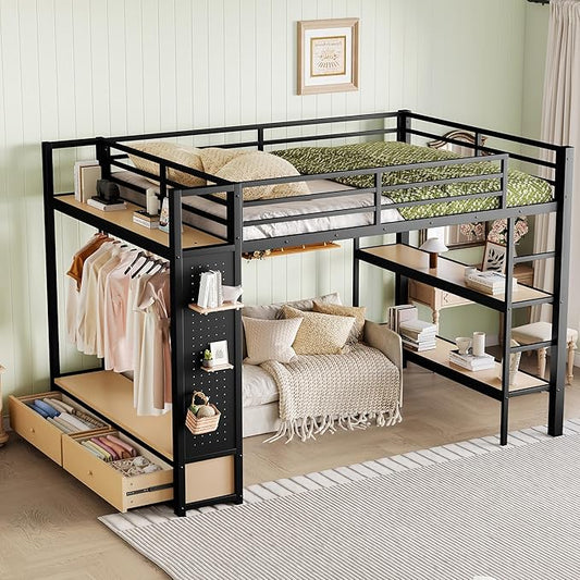 Queen Size Metal Loft Bed with Storage Shelves and Wardrobe, Metal Bed Frame with 2 Drawers, High Loft Bed with Stairs and Guardrail for Bedroom, No Box Spring Needed, Black