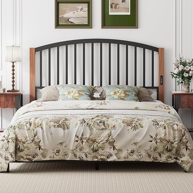 Weehom Full Size Headboard Only, Metal Bed Headboard with LED Light and Charge Station, Adjustable Height Full Headboard with Vintage Cherry Wood Grain Legs, Easy Assembly