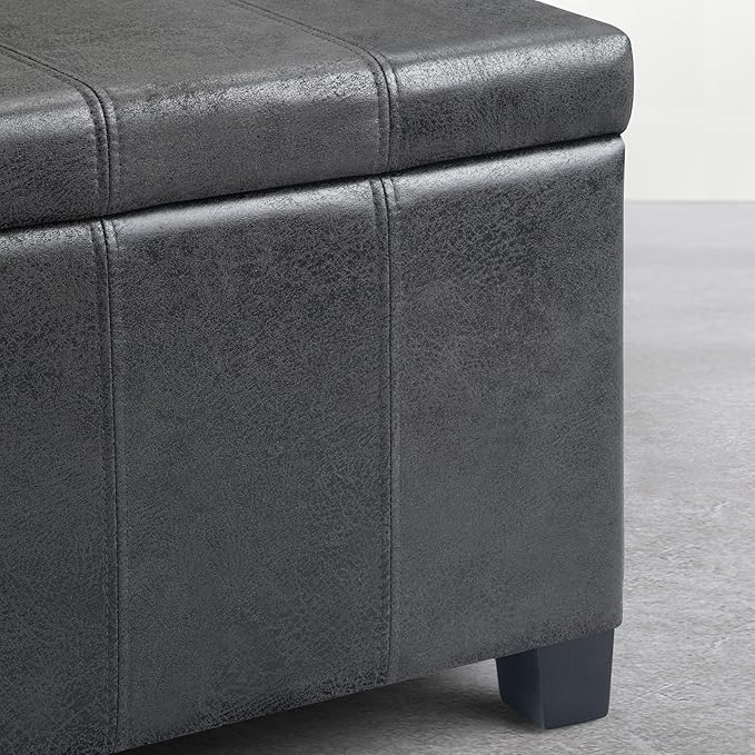 SIMPLIHOME Dover Storage Ottoman Bench - 36 inch Wide Upholstered Vegan Leather Rectangle Storage Ottoman Bench in Distressed Graphite Black, Contemporary Ottoman for Living Room with Lift-Up Lid