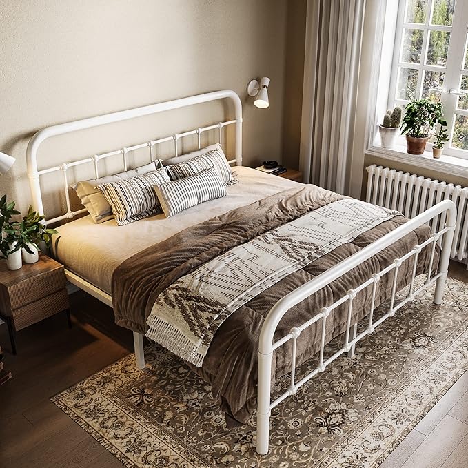 Allewie Full Size Metal Platform Bed Frame with Victorian Style Wrought Iron-Art Headboard/Footboard, No Box Spring Required, White