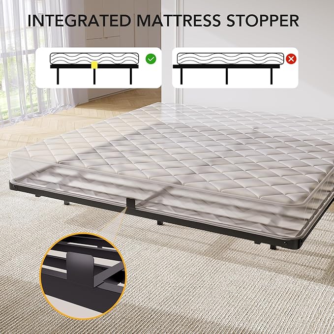 Decofy King Size Floating Bed Frame with LED Lights and Charging Station, Modern Minimalist Design, No Spring Mattress Required, Easy to Assemble