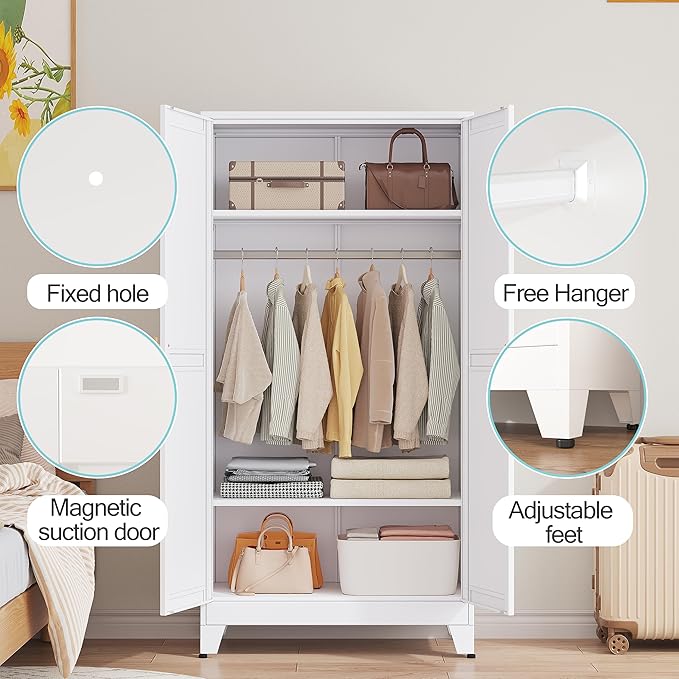 erosoei 71 "Metal Armoire Wardrobe Closet, Steel Clothing Storage Cabinet with Adjustable Shelves and Hanging Rod, Household Steel Wardrobe Storage Cabinet with Adjustable Standing feet (White)