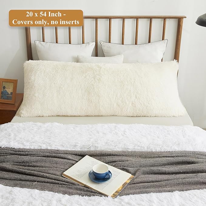 XeGe Luxury Shaggy Faux Fur Body Pillow Cover, Fluffy Ivory Bed Pillowcase with Zipper Closure, Soft Decorative Plush Fuzzy Long Pillow Sham for Home Bedroom Pregnant Women 20"x54" Beige