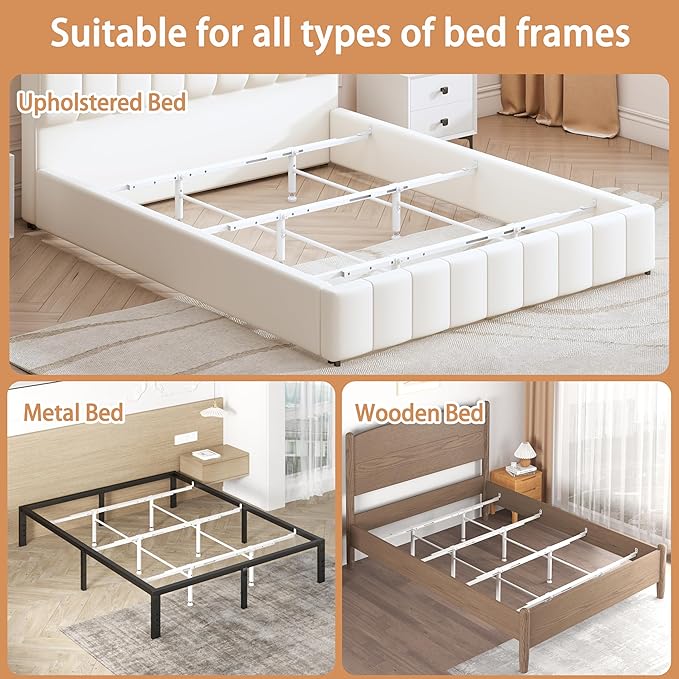 Bed Frame Support System - 3 Cross Rails and 6 Adjustable Legs,Universal Strong Center Support Beams for Full, Queen and King Metal/Wood/Upholstered Bed-White
