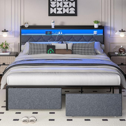 Shintenchi Queen Bed Frame with Headboard, Metal Platform Bed Frames Queen Size with 2 Under-Bed Storage Drawers, 2-Tier Storage & Charging Station Headboard, LED Lights,No Box Spring Needed,Gray