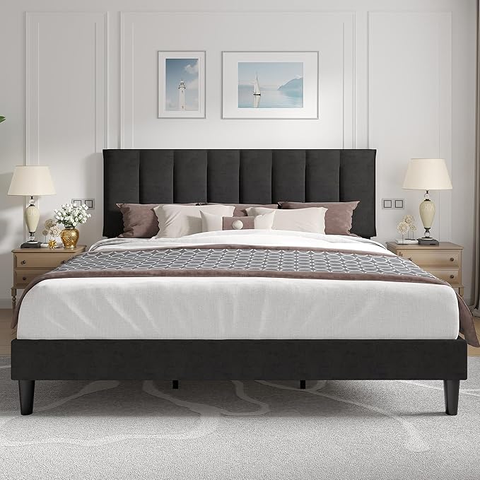VECELO King Size Bed Frame with Upholstered Headboard, Heavy-Duty Bedframe with Strong Wooden Slats Support, No Boxing Spring Needed, Velvet & Black