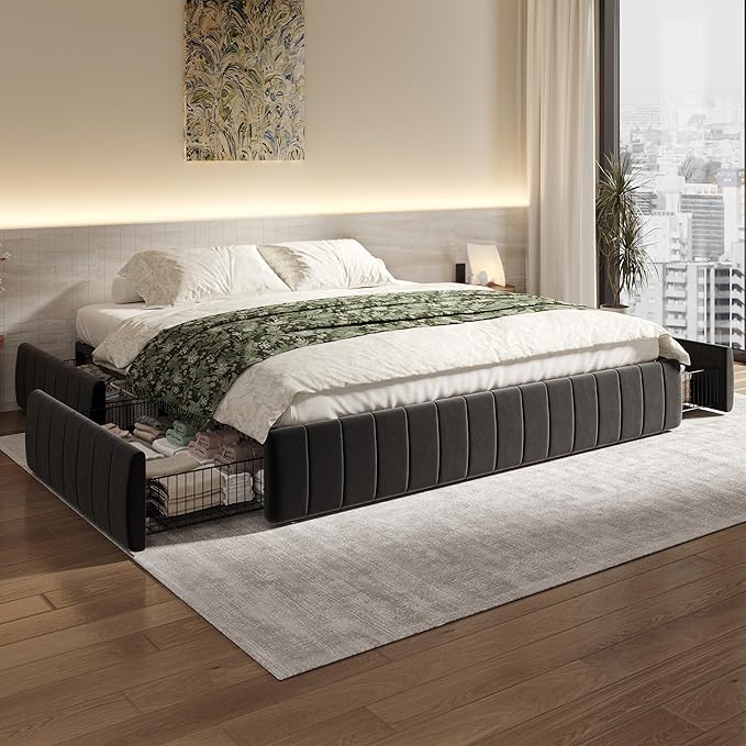 SHA CERLIN King Size Velvet Upholstered Platform Bed Frame with 4 Storage Drawers, Vertical Channel Tufted, Low Profile, Fits Standard Headboards, Wooden Slats Support, Easy Assembly, Black