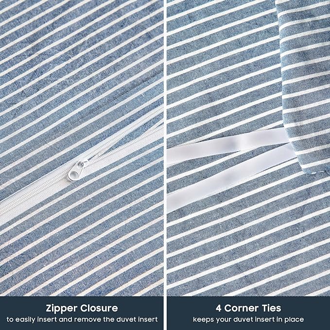 Wake In Cloud - Striped Cotton Duvet Cover Set, 100% Washed Cotton Textured Percale Bedding Set, Ticking Stripe Pinstripe Farmhouse, 3 Pieces, Denim Blue, Queen Size