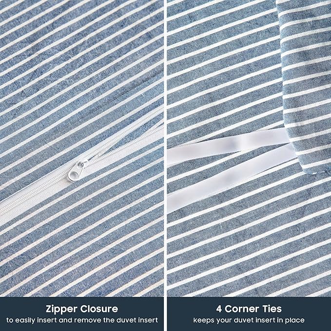Wake In Cloud - Striped Cotton Duvet Cover Set, 100% Washed Cotton Textured Percale Bedding Set, Ticking Stripe Pinstripe Farmhouse, 3 Pieces, Denim Blue, Full Size